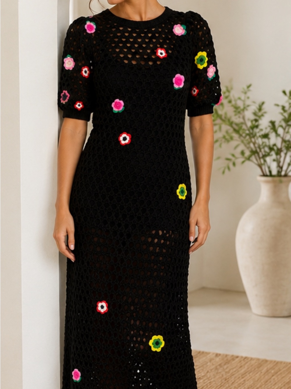 Something Navy Black Floral Crochet Maxi Dress M NWT